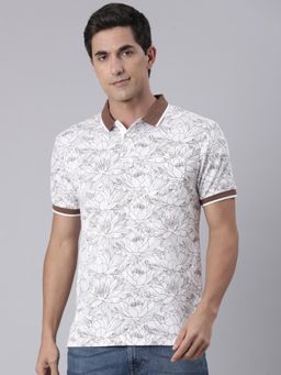 Classic Polo - Men Brown and White Polo Neck Floral Print Cotton T-shirt