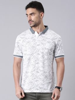 Classic Polo - Men Grey and White Polo Neck Floral Print Cotton T-shirt
