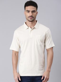 Classic Polo - Men Cream Polo Neck Solid Cotton T-shirt