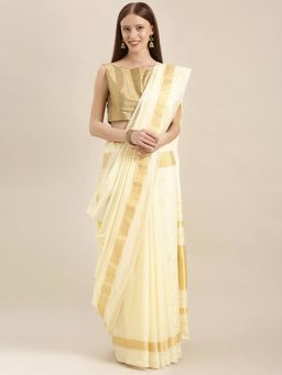 Mimosa - Off White Color Art Silk Kasavu Saree With Unstitched Blouse