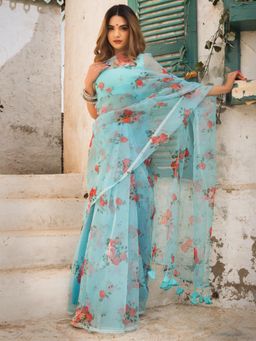 POMCHA - Chaand Blue & Red Organza Saree With Unstitched Blouse