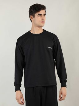 CHKOKKO - Men Black Terry Cotton Loose Fit Full Sleeves Sweatshirt