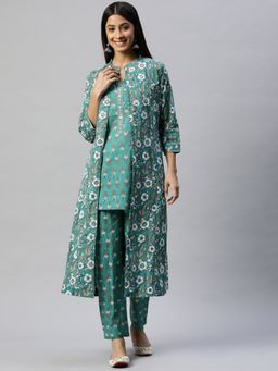 Divena - Green Cotton Floral Printed Indowestern Kurta and Pants with Jacket (Set of 3)
