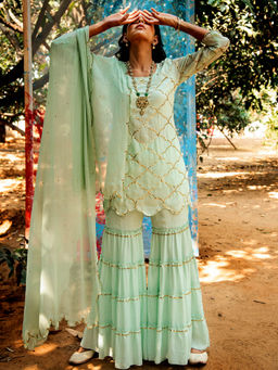 Gulaal - Samyuta Sequin Kurta with Sharara & Dupatta Green (Set of 3)