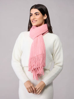 Twenty Dresses by Nykaa Fashion - Pink Fringed Ribbed Textured Winter Scarf
