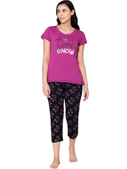 Bodycare - Womens Combed Cotton Printed T-Shirt & Capri -BSCS16010 Purple (Set of 2)