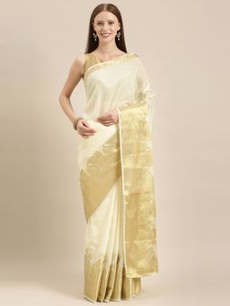 Mimosa - Off White Color Linen Blend Kasavu Saree With Unstitched Blouse