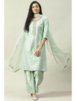 Biba - Green Cotton Silk Straight Suit (Set of 3)