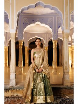 Geroo Luxe - Zari Work Tissue Lehenga with Unstitched Blouse and Dupatta (Set of 3)