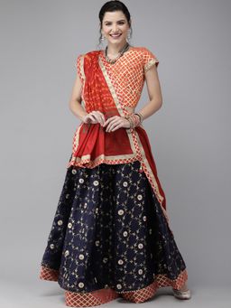 Geroo Jaipur - Hand Embroidered Blue Lehenga With Semi Stitched Blouse and Dupatta (Set of 3)