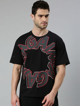 Xtep - Black Printed Loose Fit Xena Printed T-Shirt