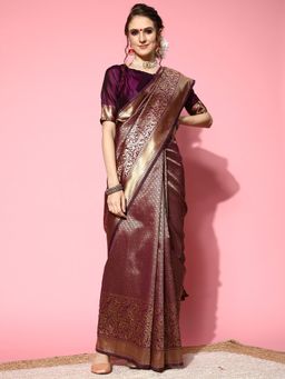 Akhilam - Womens Silk Blend Wine Woven Design Designer Saree with Unstitched Blouse