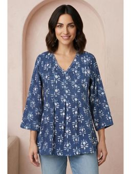 Folksong - Blue Floral V-Neck Regular Top