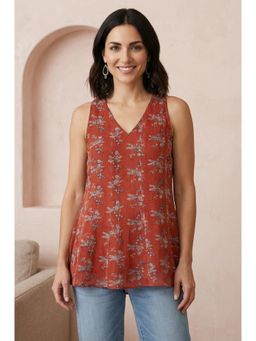 Folksong - Rust Floral V-Neck Regular Top