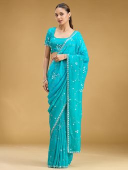 Koskii - Turquoise Embroidered Embellished/Sequined Saree with Unstitched Blouse