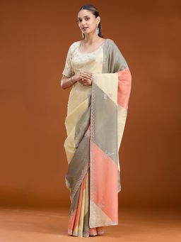 Koskii - Women Stonework (Silver) Tissue Saree With Unstitched Blouse