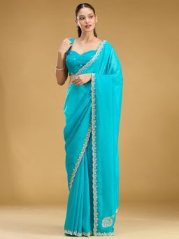 Koskii - Turquoise Embroidered Embellished/Sequined Saree with Unstitched Blouse