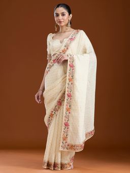 Koskii - Cream Embroidered Embellished/Sequined Saree with Unstitched Blouse