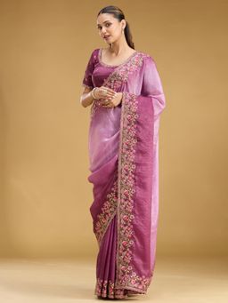 Koskii - Women Threadwork Tissue Saree With Unstitched Blouse