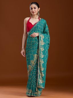 Koskii - Women Stonework (Gold) Georgette Saree With Unstitched Blouse