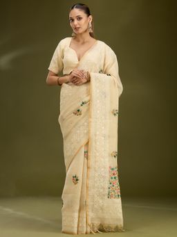 Koskii - Women Threadwork Chanderi Saree With Unstitched Blouse
