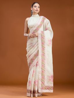 Koskii - Women Threadwork Chanderi Saree With Unstitched Blouse