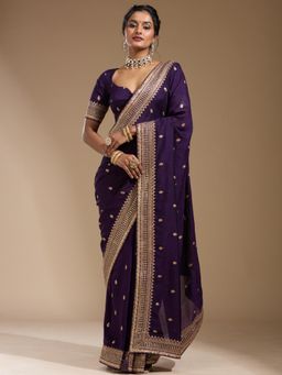 Koskii - Women Cording Soft Raw Silk Saree With Unstitched Blouse