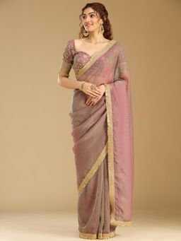 Koskii - Women Sequins Tissue Saree With Unstitched Blouse