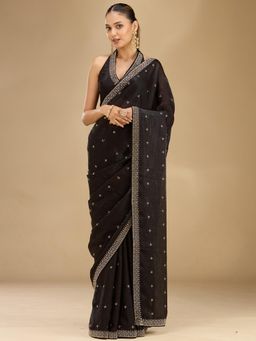 Koskii - Women Stonework (Gold) Satin Saree With Unstitched Blouse