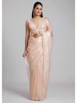 KALKI FASHION - Peach Embroidered Embellished/Sequined Saree with Unstitched Blouse