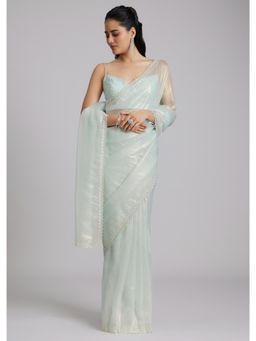 KALKI FASHION - Green Embroidered Embellished/Sequined Saree with Unstitched Blouse