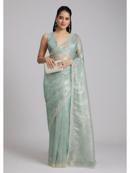 KALKI FASHION - Green Embroidered Embellished/Sequined Saree with Unstitched Blouse
