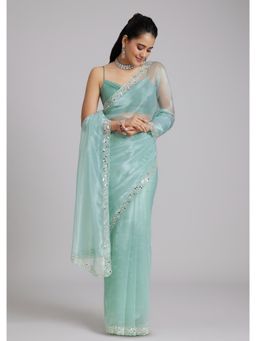 KALKI FASHION - Aqua Embellished/Sequined Mirror Work Saree with Unstitched Blouse