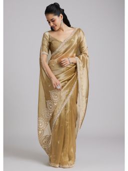 KALKI FASHION - Gold Embroidered Embellished/Sequined Saree with Unstitched Blouse