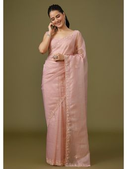KALKI FASHION - Peach Embroidered Embellished/Sequined Saree with Unstitched Blouse