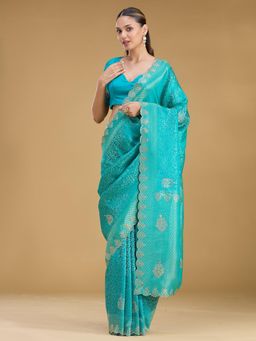 Koskii - Green Embroidered Embellished/Sequined Saree with Unstitched Blouse
