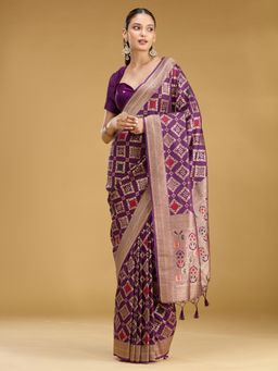Koskii - Purple Woven Zari Saree with Unstitched Blouse