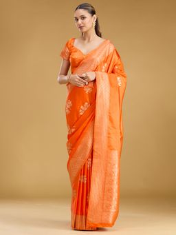 Koskii - Orange Woven Zari Saree with Unstitched Blouse
