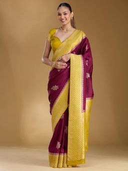 Koskii - Wine Woven Zari Saree with Unstitched Blouse