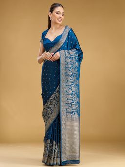 Koskii - Blue Woven Zari Saree with Unstitched Blouse