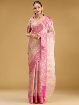 Koskii - Pink Woven Zari Saree with Unstitched Blouse