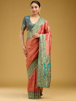 Koskii - Red Embroidered Embellished/Sequined Saree with Unstitched Blouse