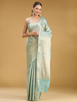 Koskii - Blue Woven Zari Saree with Unstitched Blouse