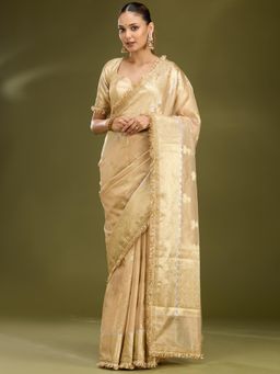 Koskii - Beige Woven Zari Saree with Unstitched Blouse