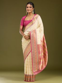 Koskii - Off White Woven Zari Saree with Unstitched Blouse