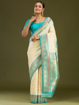 Koskii - Cream Woven Zari Saree with Unstitched Blouse