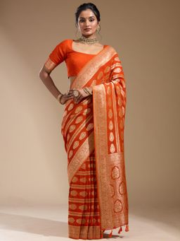 Koskii - Orange Woven Zari Saree with Unstitched Blouse