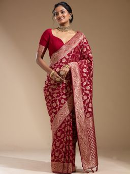 Koskii - Maroon Woven Zari Saree with Unstitched Blouse