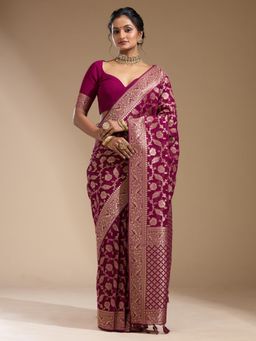 Koskii - Wine Woven Zari Saree with Unstitched Blouse
