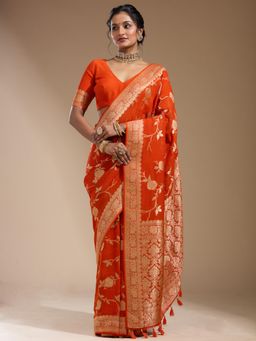 Koskii - Orange Woven Zari Saree with Unstitched Blouse
